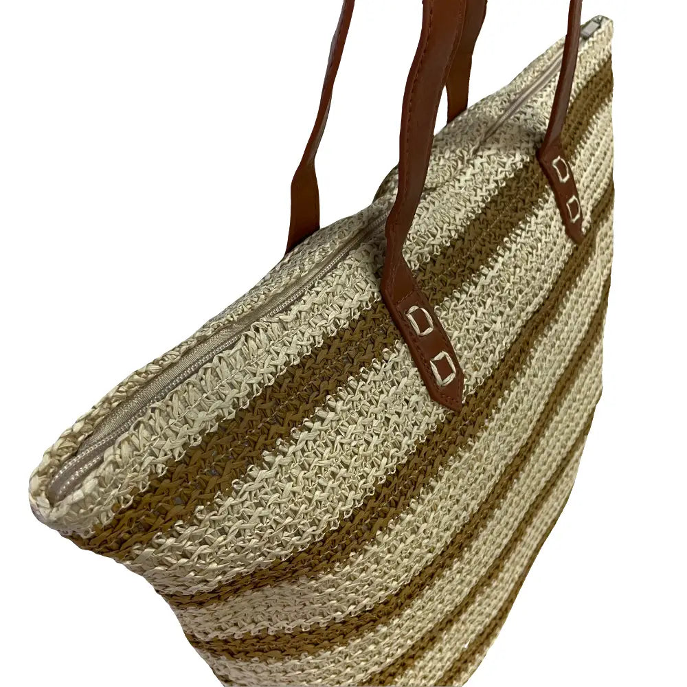 Sacola Palha Listrada Bege - Bolsa Vegana - Loja Online